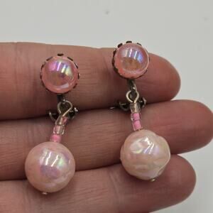 Vintage Pink Irridescent Lucite Ball Gumball Dangle Clip Earrings Signed JAPAN
